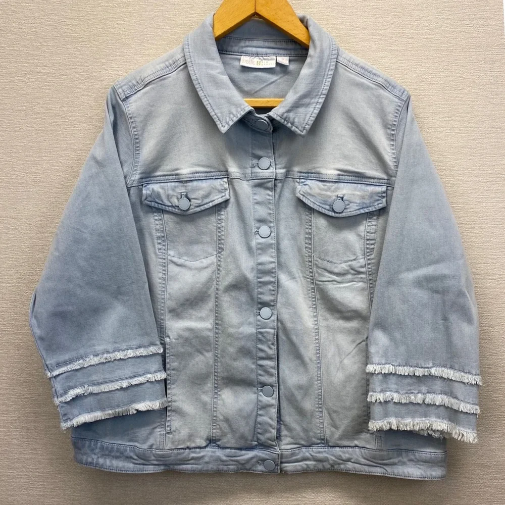 Belle‎ by Kim Gravel Light Wash Denim Jacket Triple Fringe Sleeve Plus Size 1X
